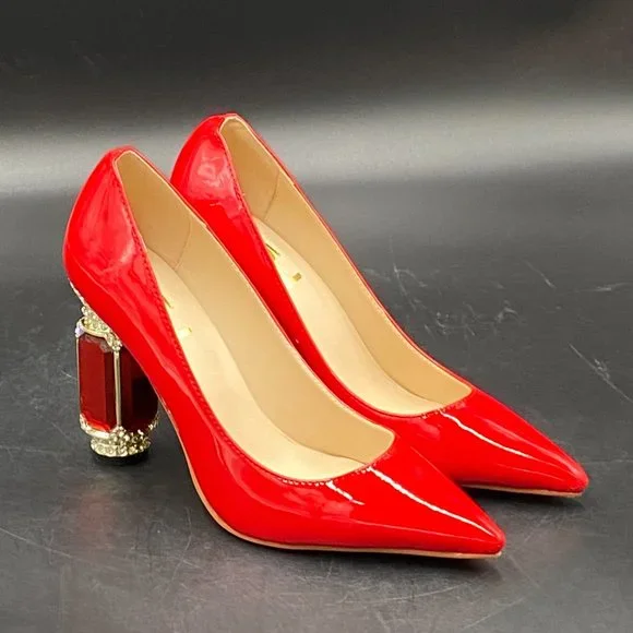 FSJ Red Bridal Pointed Toe Chunky Block Low Heel Crystal Pump - Picture 5 of 9